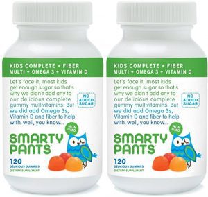 Smarty Pants kids complete + fiber, omega 3 and Vitamin D, no sugar added. gummy vitamin for toddlers