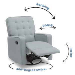 This nursery glider has a pull tab reclining mechanism that is easy to reach.