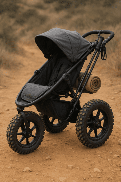 All terrain stroller with oversized knobby wheels and dual-spring suspension on a rugged dirt trail.