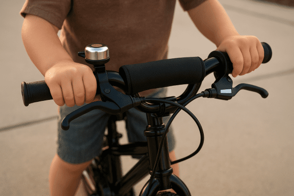 Close-up of a child's hands testing brakes and padded handlebars on a kids' bike.