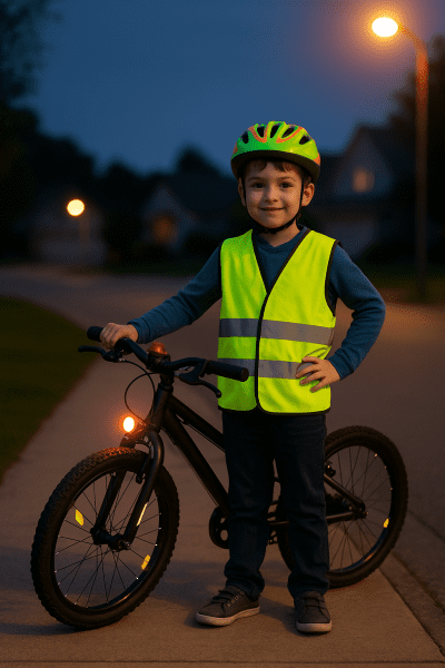 Child wearing a helmet and neon vest stands with a kids' bike featuring LED lights and reflectors at dusk.