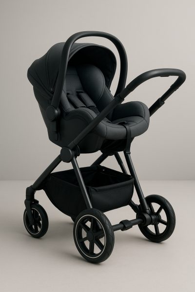 A parent demonstrates adjustable handlebar and seat height on a modern stroller in a bright, minimalist living room with a happy 3-year-old seated inside.