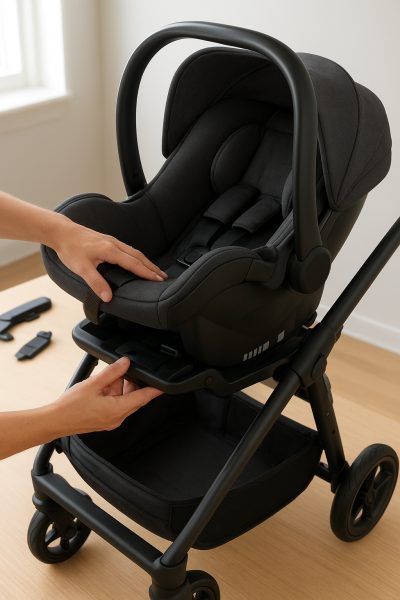 Two strollers side by side on grass, one with a mesh canopy and one with a UV-protective canopy, both showing suspension details.