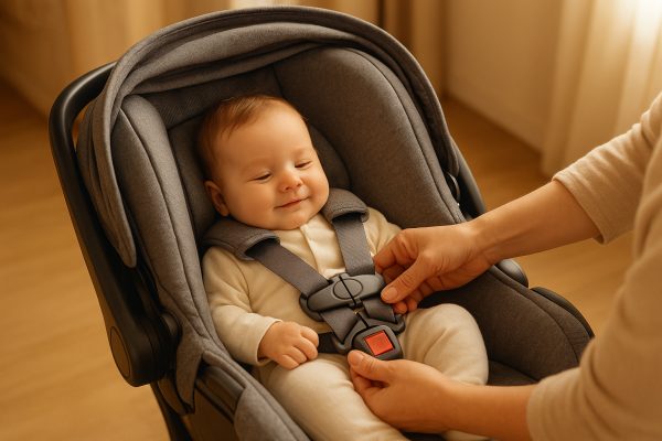 Parent demonstrates the folding of a modern stroller on a city plaza, with storage basket and car seat clips visible.