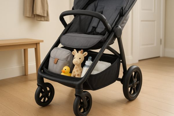 A 3-year-old is buckled into a plush, supportive stroller seat with an adjustable footrest in a softly lit playroom.
