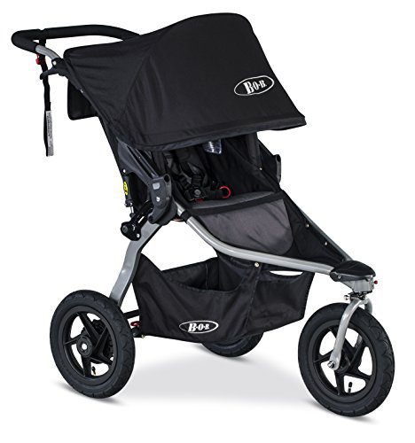 BOB beautiful stroller in all-black color, big wheels, storage basket, and rubber front wheel
