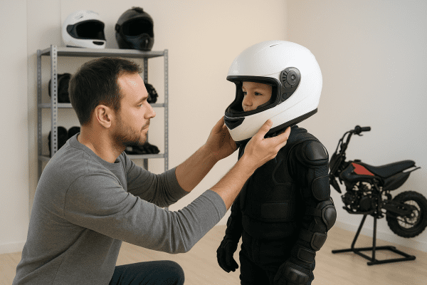 Adult adjusting a child\u2019s helmet and gear in a clean, well-lit workshop with safety equipment visible.