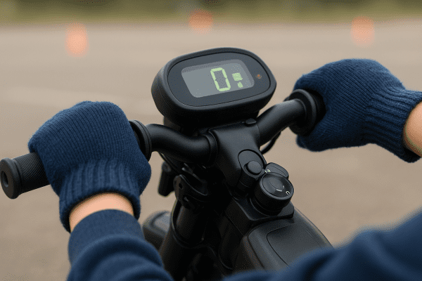 Gloved child's hands on kids motorcycle handlebars, throttle, brakes, and speed limiter in focus.
