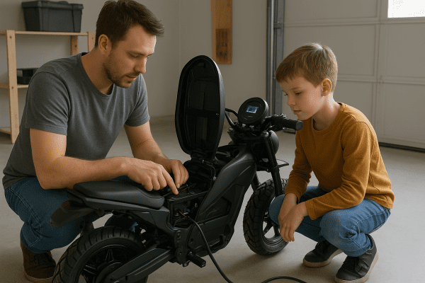Parent and child kneeling, inspecting the battery and charging port of an electric kids motorcycle.