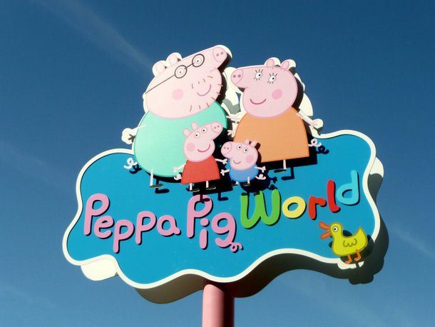 An aerial view of Peppa Pig World, an amusement park featuring themed attractions inspired by children's character, Peppa Pig.