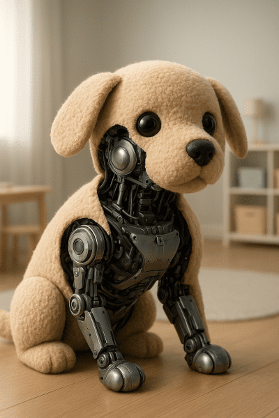Cutaway view of a plush robot dog toy showing embedded sensors and mechanical joints in a modern playroom.