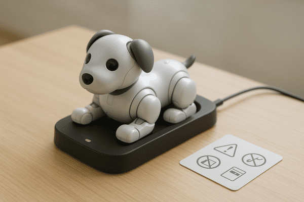 Robot dog toy charging safely on a dock with a glowing indicator, on a bright tabletop.