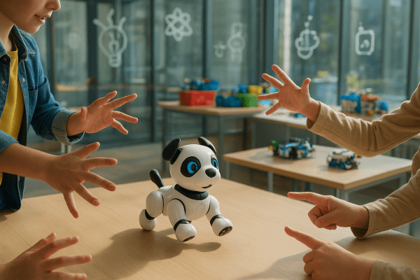 Children using hand gestures to program a robot dog toy spinning in a modern STEM classroom.