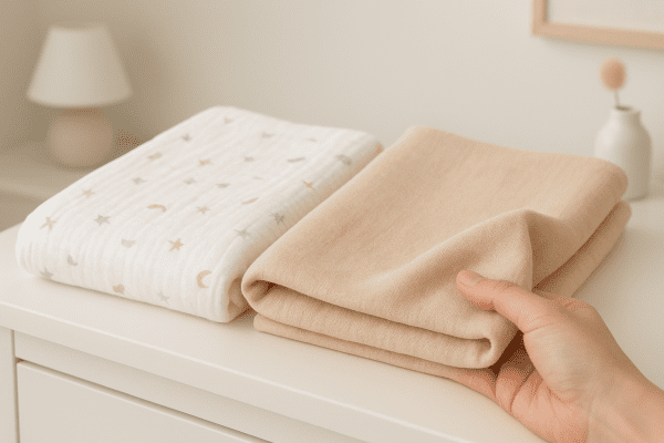Muslin and swaddle blankets side by side on a white dresser, one corner lifted to show texture.
