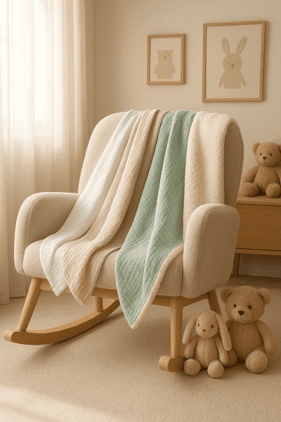 Cotton, muslin, bamboo, and fleece blankets draped over a plush rocking chair in a sunlit nursery.