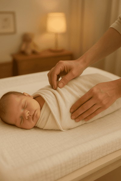 Close-up of a parent's hands swaddling a newborn with a soft blanket on a padded changing table.