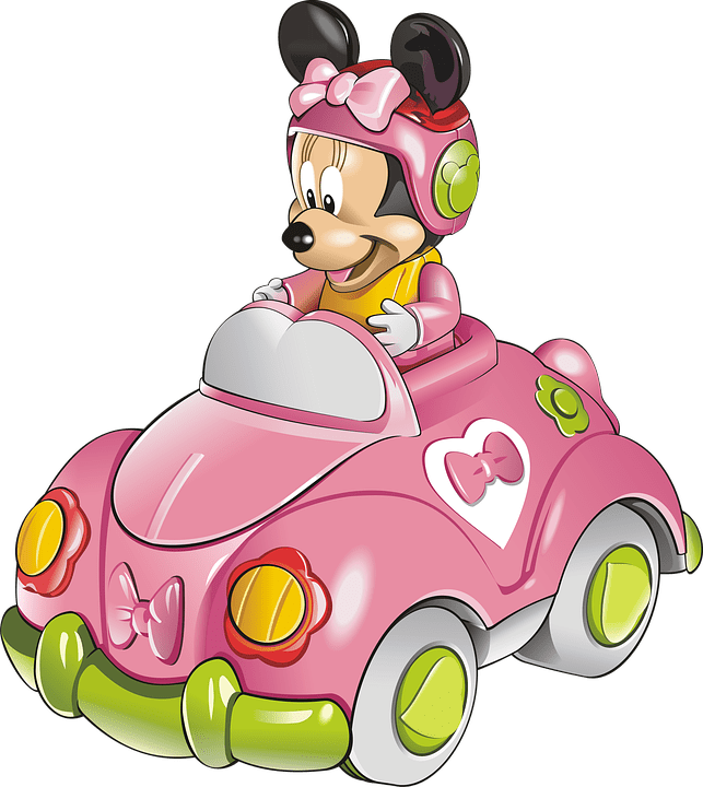 Is it Mickey or Minnie Mouse riding on a cute pink car. Get your child a toy like this or a disney minnie mouse plush toy