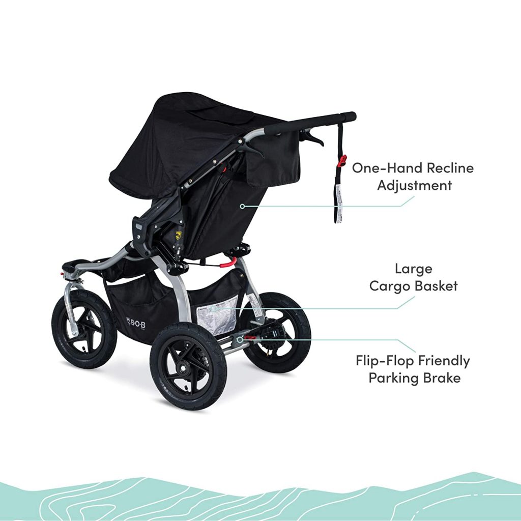 Bob gear stroller, a detailed look of the baby stroller with one-hand recline adjustment, large cargo basket, flip-flop friendly parking brake