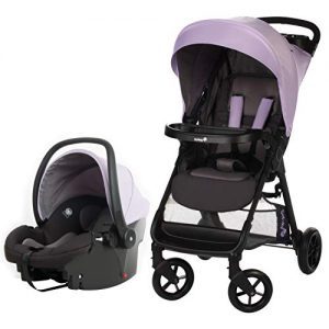 Best Car Seat Stroller Combo: A sophisticated set of best car seat stroller combo featuring a sleek gray infant car seat and a matching stroller with a soft purple canopy, embodying style and functionality for modern parents on the move.