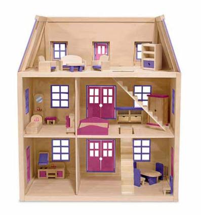 3-story wooden dollhouse with furniture set