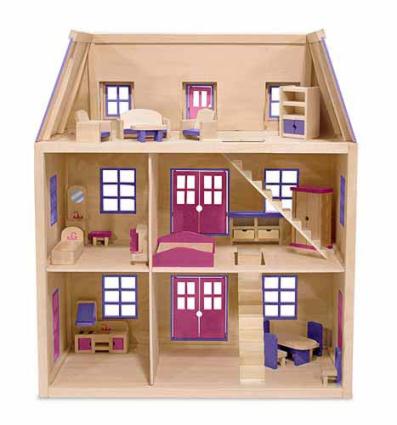 3-story wooden doll room set with furniture and fixtures.