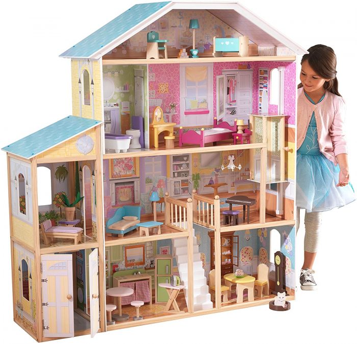 KidKraft is furnished with wooden dollhouse furniture. 