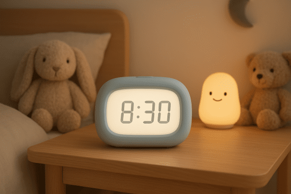 A safe, modern kids alarm clock with a silicone case on a wooden bedside table with plush toys and gentle lighting.