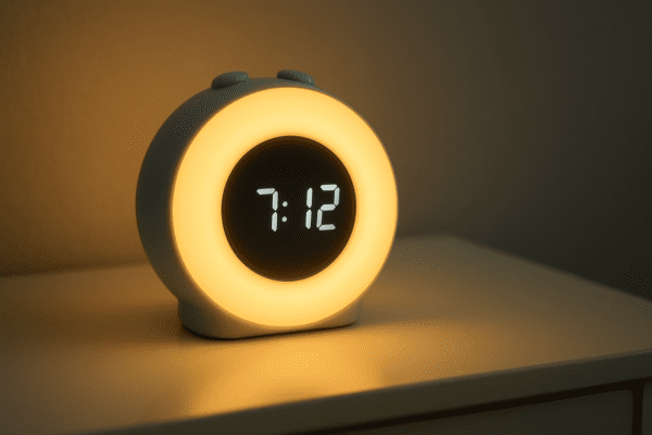 Close-up of a kids alarm clock with a glowing nightlight ring and clear digital display on a minimalist nightstand.