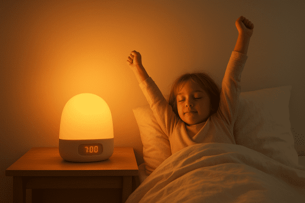 A kids alarm clock with sunrise simulation fills the room with soft light as a child wakes up.