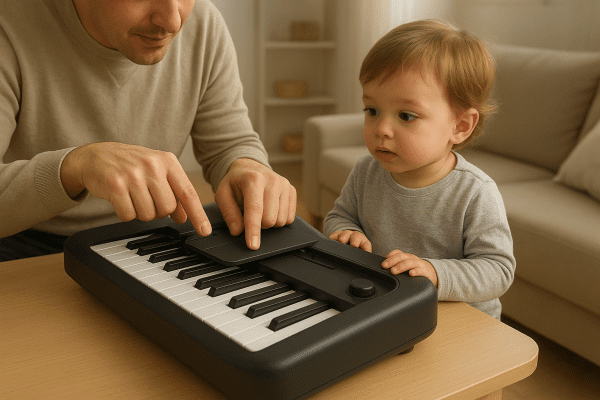 Parent demonstrates battery safety and volume on a digital kids piano, child observing closely.