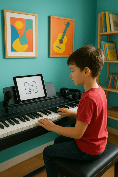 Child follows a digital chord lesson on a tablet at a digital piano in a creative home music room.