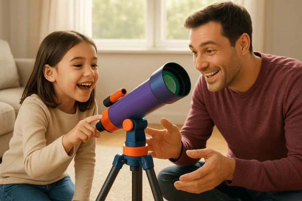 Smiling child and parent inspect a user-friendly telescope with visible aperture and mount in a warm living room.
