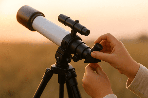 Child's hands adjust telescope tripod and finderscope outdoors at sunset.