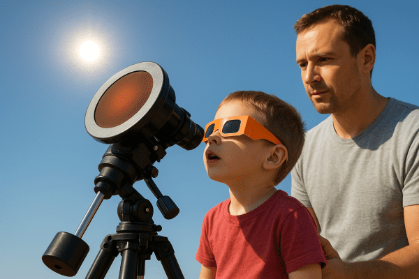 Child with solar glasses observing through a filtered telescope, adult supervising under bright daylight.