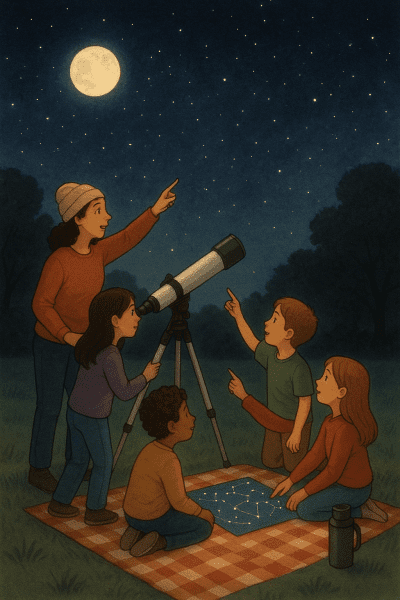 Group of children and an adult use a telescope at night under a starry sky, with a moon and star chart.