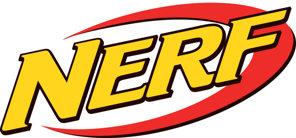 A yellow logo of the word "NERF" with a red-orange semi-circle around it. See Best Powerful Automatic Nerf Gun