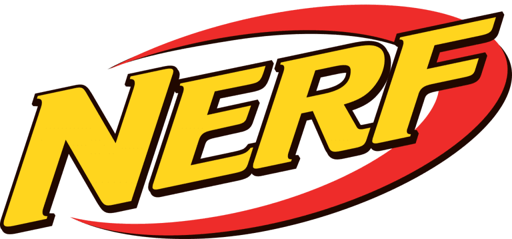 A yellow logo of the word "NERF" with a red-orange semi-circle around it.