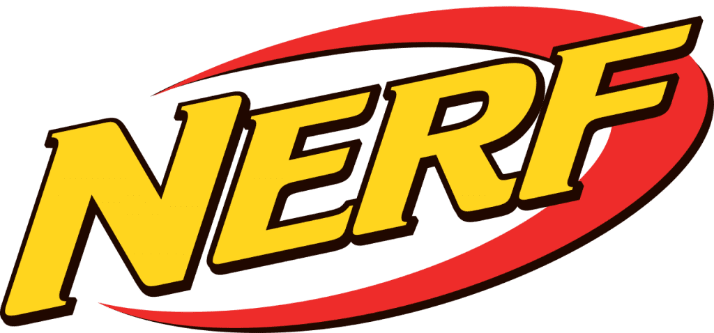 A yellow logo of the word "NERF" with a red-orange semi-circle around it. 