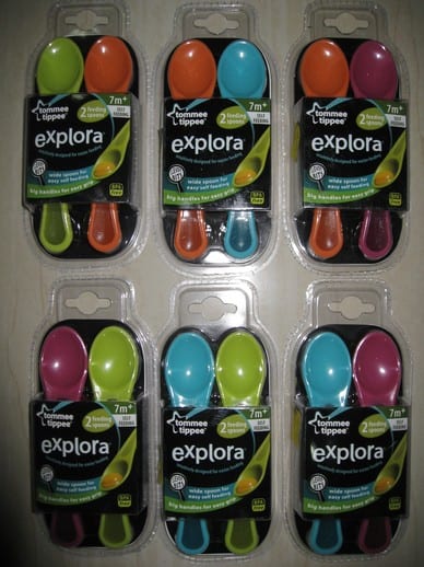 Six colorful pairs of best baby spoon, the Tommee Tippee Explora Feeding baby spoons, with green, orange, blue, and pink colors.