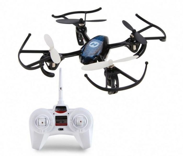There is a sleek black drone equipped with a white remote control. This flying toy has a contemporary design, setting it apart from conventional toys. These kinds of toys look modern.
