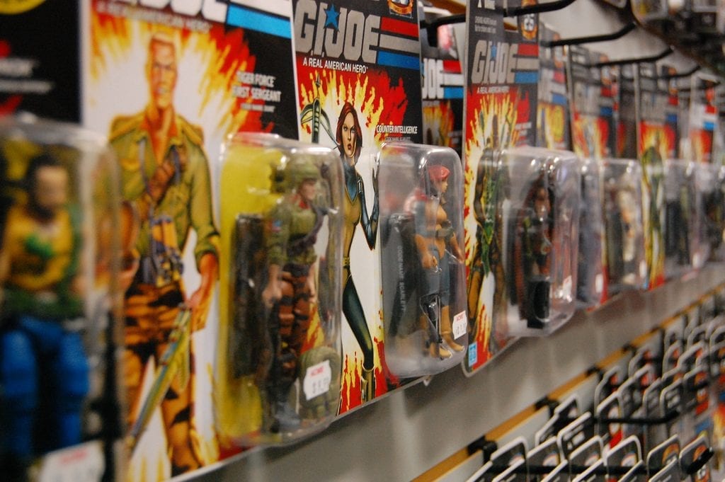 A shelf full of GI Joe toys in their packaging. GI Joe has become a valuable collectible. There are some GI Joe action figures that are now considered rare and are usually valued at high price.