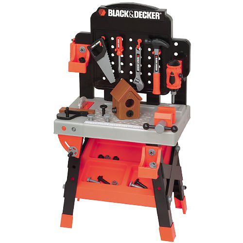 A black-and-decker tool bench for kids. There are a lot of miniature tool sets that your kids will love. This tool set can help your child with their motor skills. 