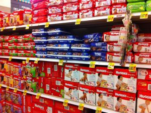 Choices of different brands of best diapers in the supermarket. 