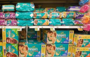 One of the top brands of nighttime nappies arranged in supermarket shelves. 