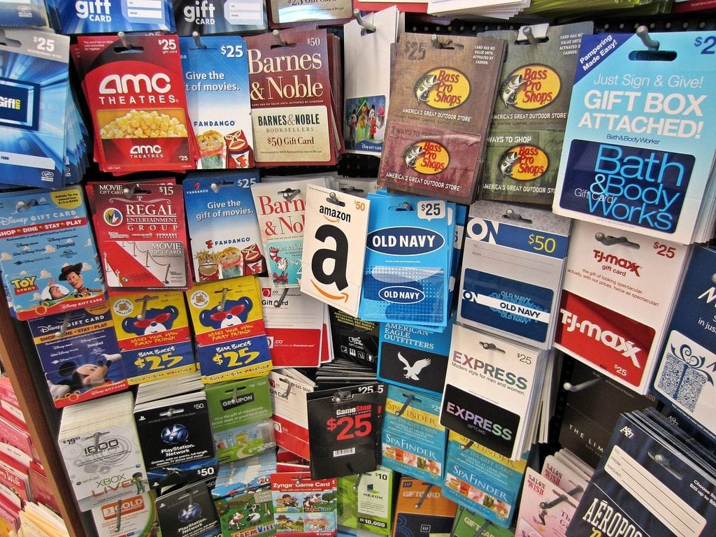 Assortment of gift cards for boys from various retailers and entertainment venues.