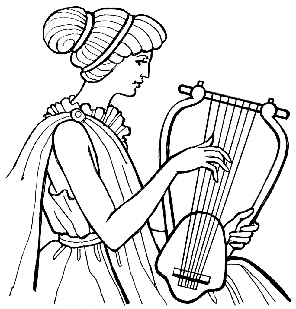 Lady playing with a lyre harp. Lyre harps are good instruments.