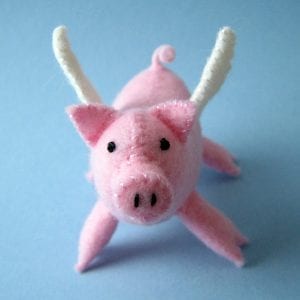 A pink plush piggy with white tusks against a blue background
