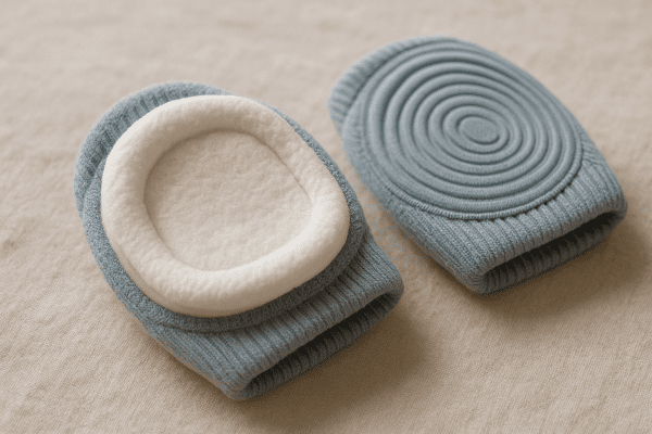 Macro view of layered baby knee pads, inside-out to show cotton, foam, and silicone grip.