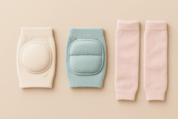 Flat lay of knee pads, sponge-padded pads, and leg warmers in pastel colors.