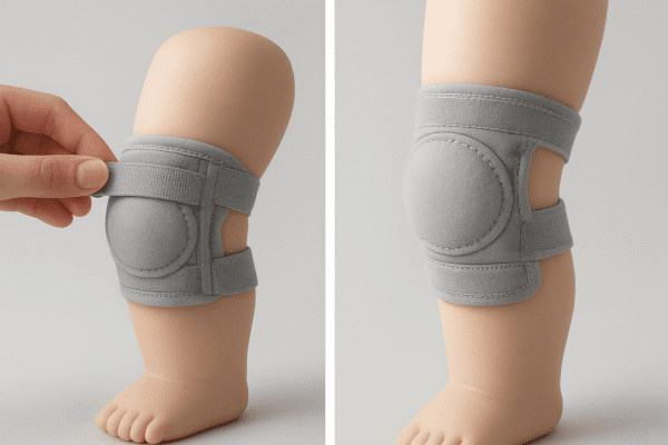 Infant and toddler knee guards on mannequins, showing strap adjustability and size.